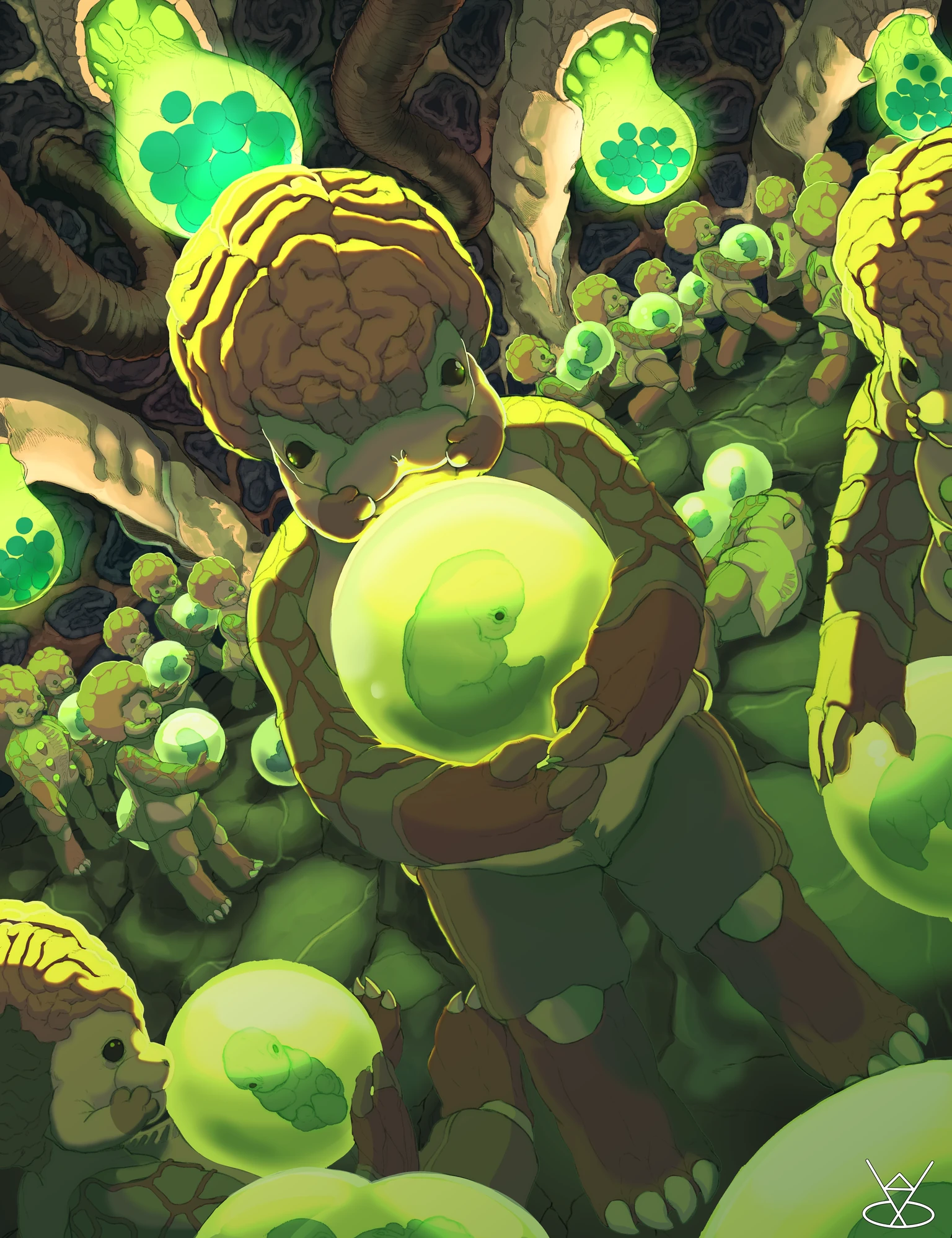 Official BioLife illustration of genetically engineered beings tending glowing green embryos.